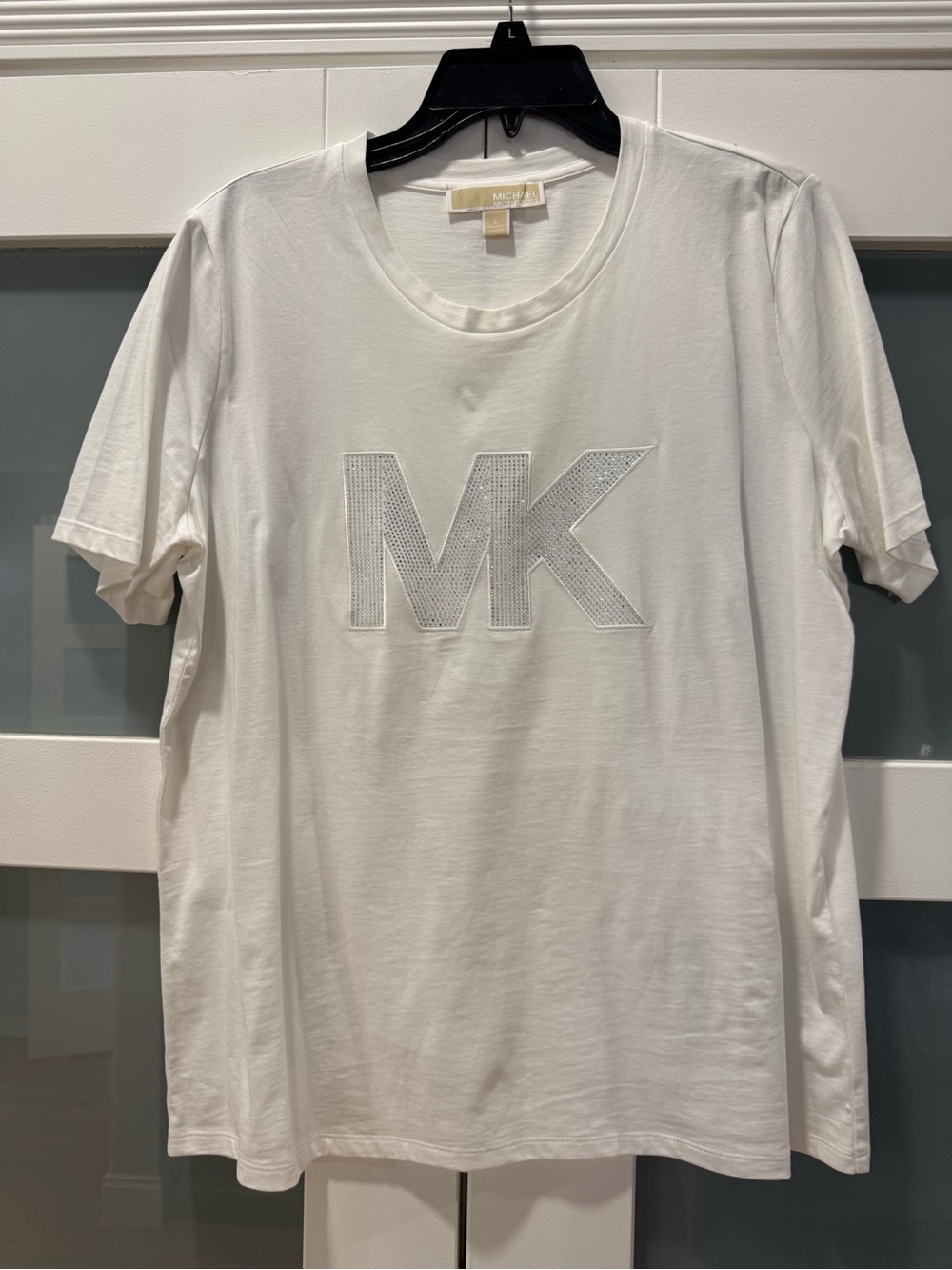 Michael Kors White Embellished rhinestone  MK Logo T-Shirt size Large